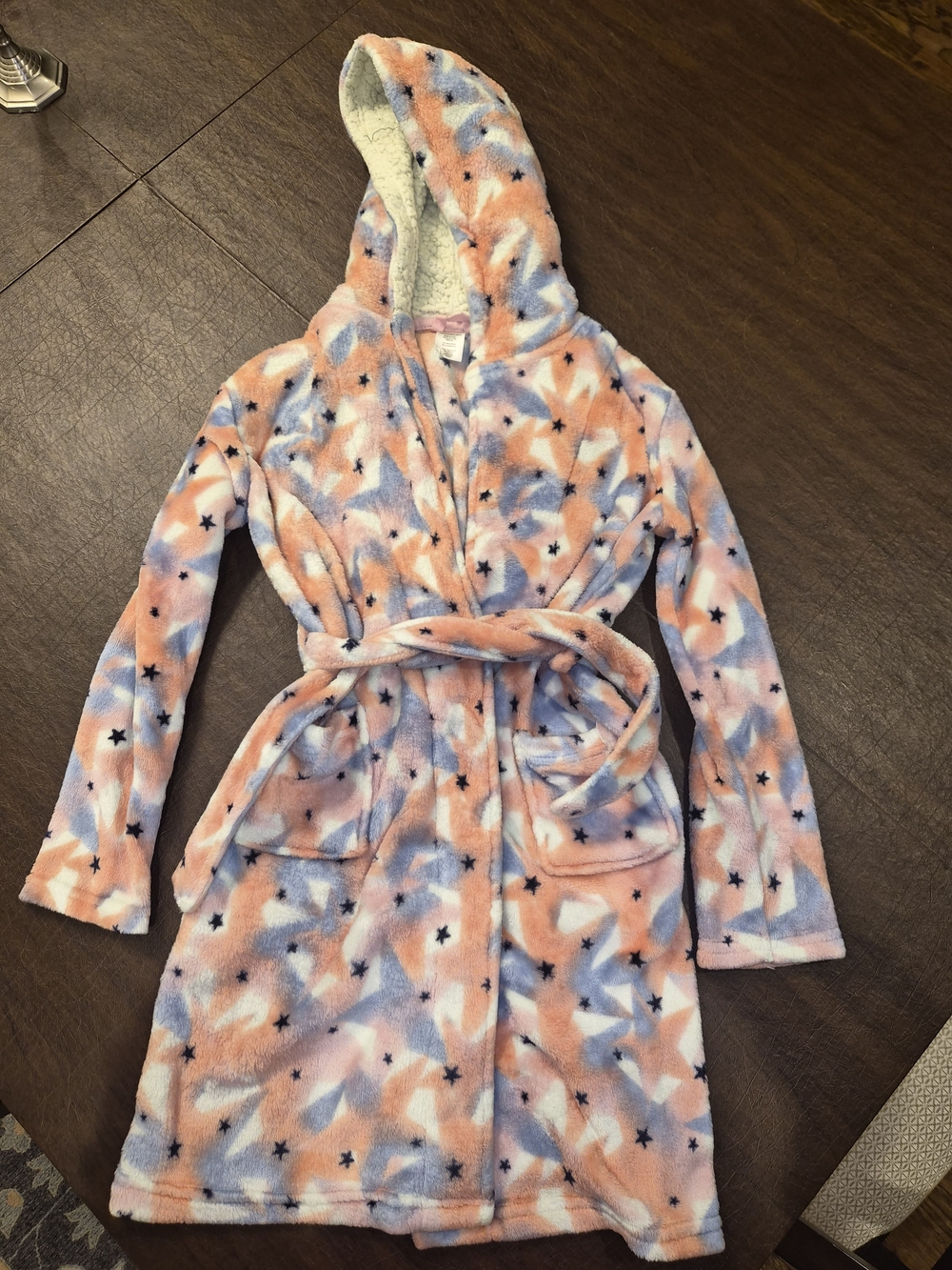 Plush Hooded Star Robe for Kids Peach Light Blue Sz 10